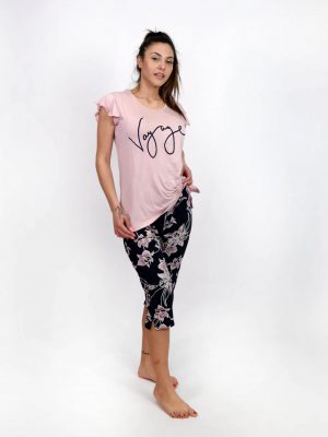 Γυναικεία Καλοκαιρινή Πυτζάμα Σετ Κοντομάνικη με Φλοράλ Κάπρι Παντελόνι